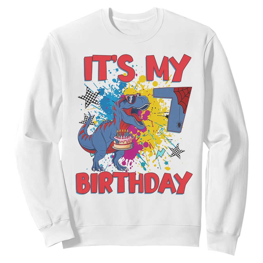 Dino Spider Its My 7th Birthday Sweatshirt Dinosaur Gift For Boys TS12 White Print Your Wear