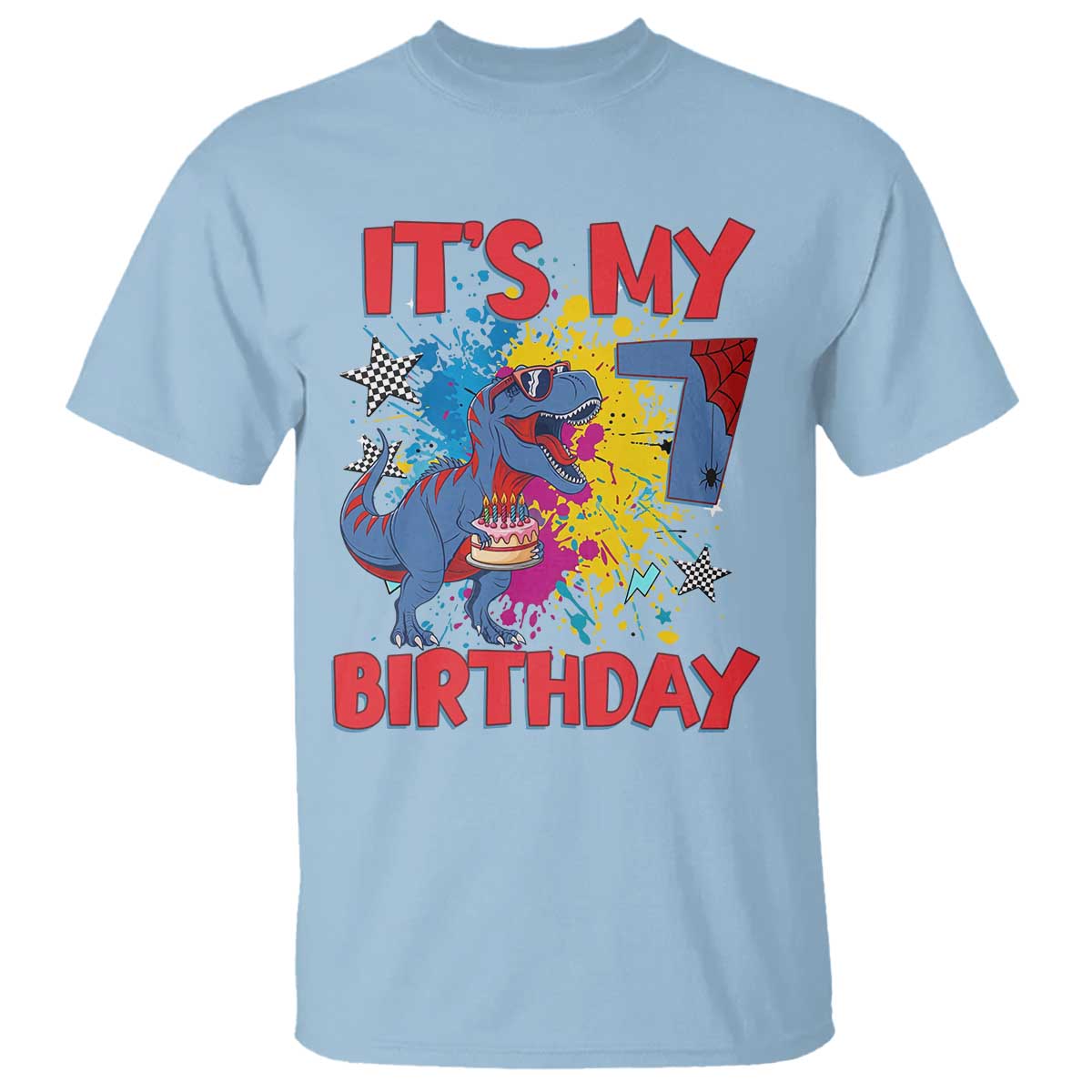 Dino Spider Its My 7th Birthday T Shirt Dinosaur Gift For Boys TS12 Light Blue Print Your Wear