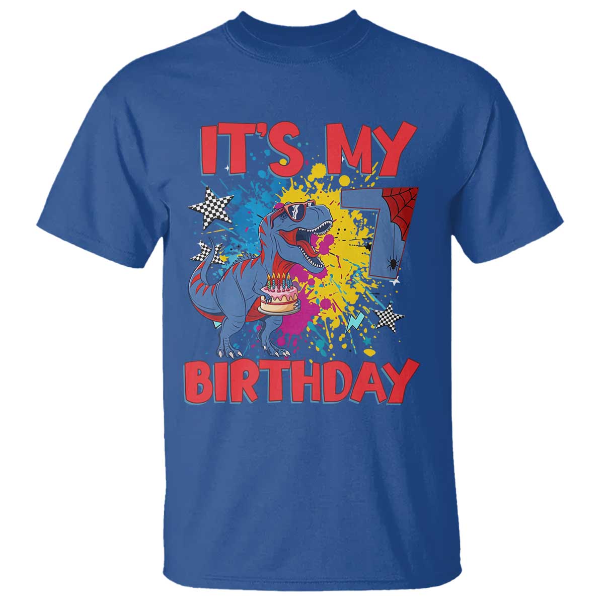 Dino Spider Its My 7th Birthday T Shirt Dinosaur Gift For Boys TS12 Royal Blue Print Your Wear