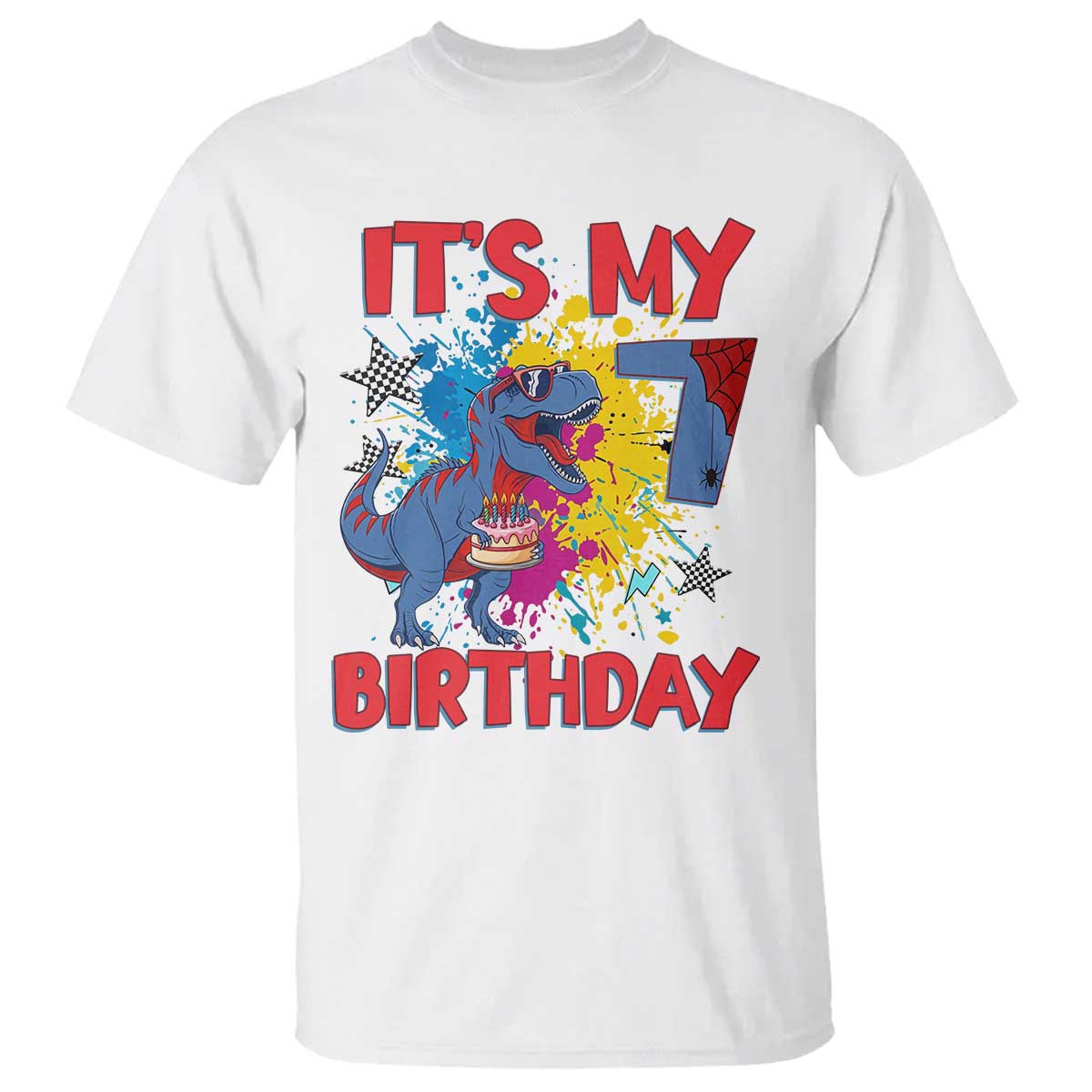 Dino Spider Its My 7th Birthday T Shirt Dinosaur Gift For Boys TS12 White Print Your Wear