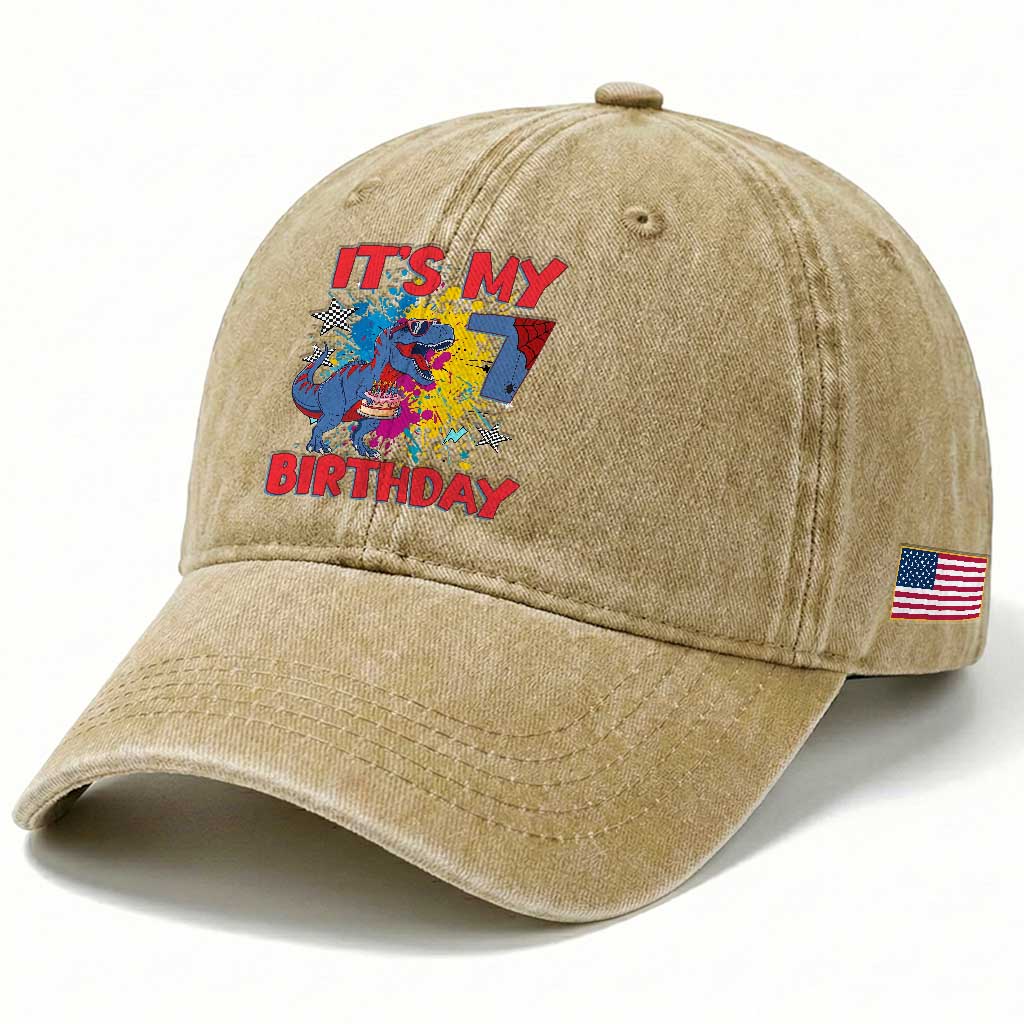 Dino Spider Its My 7th Birthday Washed Cotton Baseball Cap Dinosaur Gift For Boys TS12 Print Your Wear
