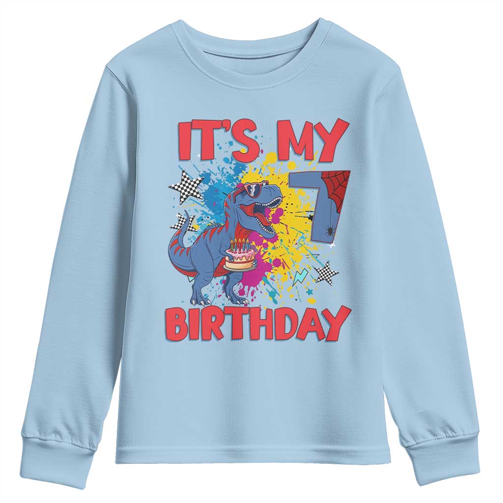 Dino Spider Its My 7th Birthday Youth Sweatshirt Dinosaur Gift For Boys TS12 Light Blue Print Your Wear