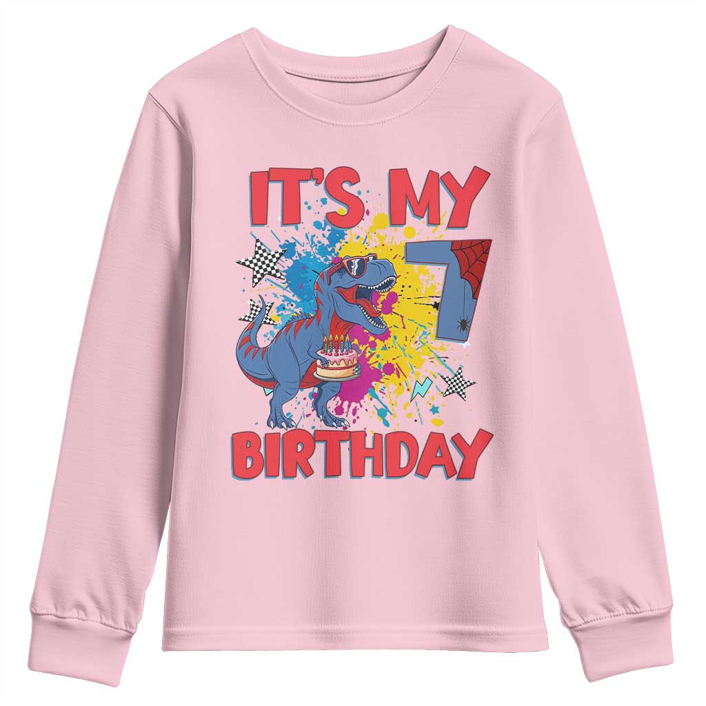 Dino Spider Its My 7th Birthday Youth Sweatshirt Dinosaur Gift For Boys TS12 Light Pink Print Your Wear