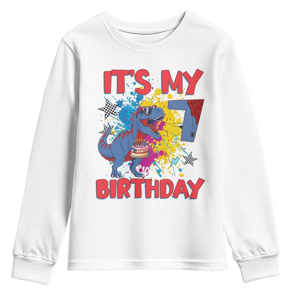 Dino Spider Its My 7th Birthday Youth Sweatshirt Dinosaur Gift For Boys TS12 White Print Your Wear