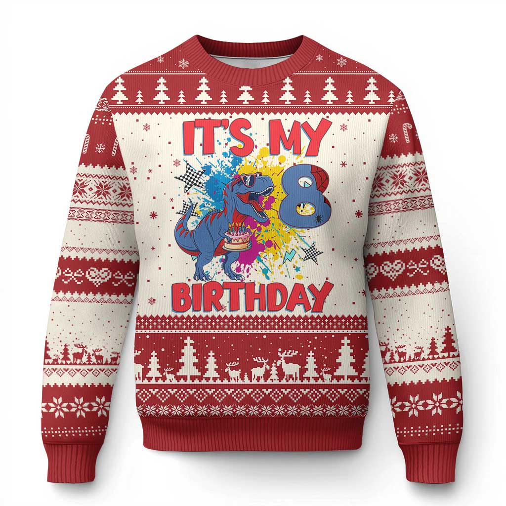 Dino Spider Its My 8th Birthday Ugly Christmas Sweater Dinosaur Gift For Boys TS12 Beige Red Print Your Wear