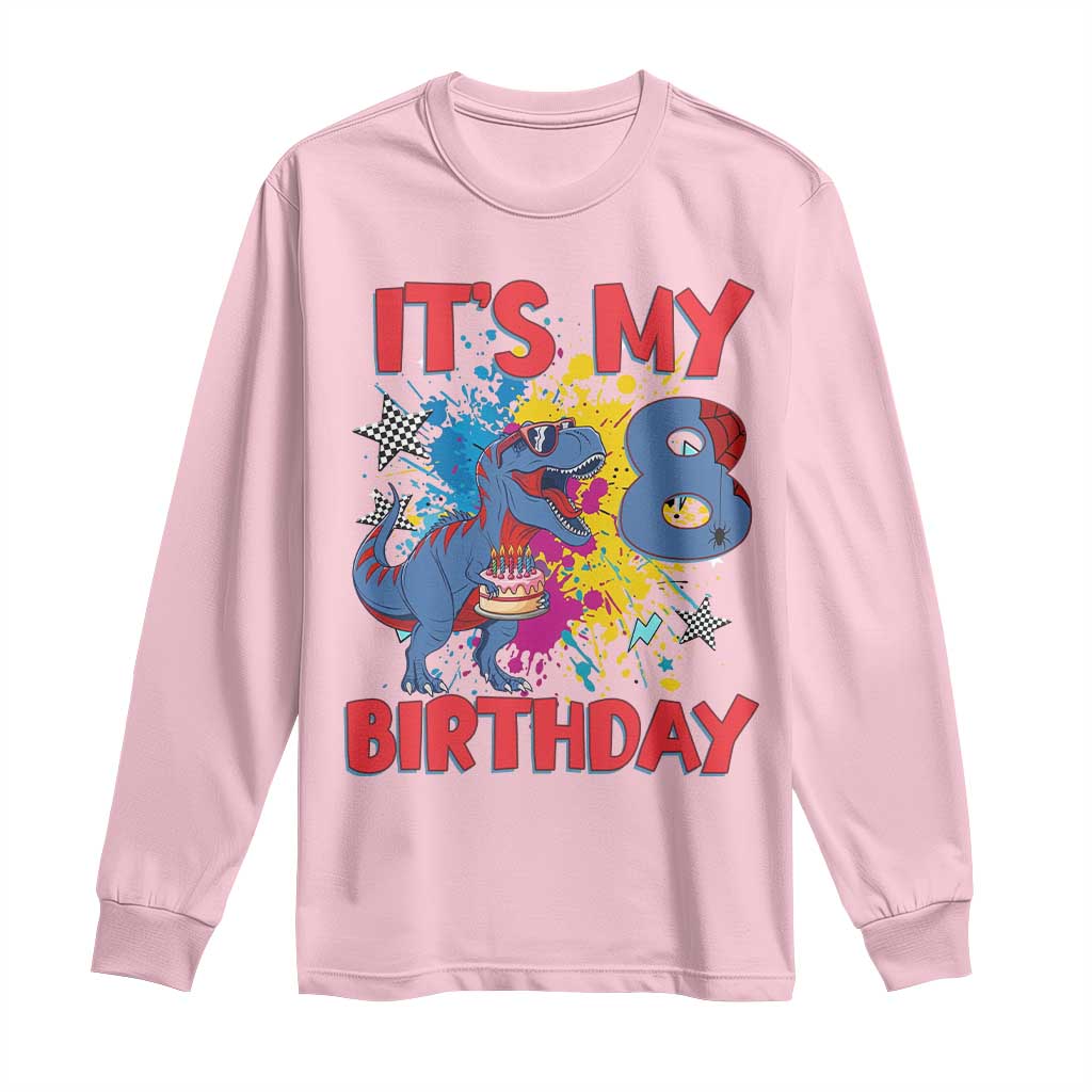 Dino Spider Its My 8th Birthday Long Sleeve Shirt Dinosaur Gift For Boys TS12 Light Pink Print Your Wear