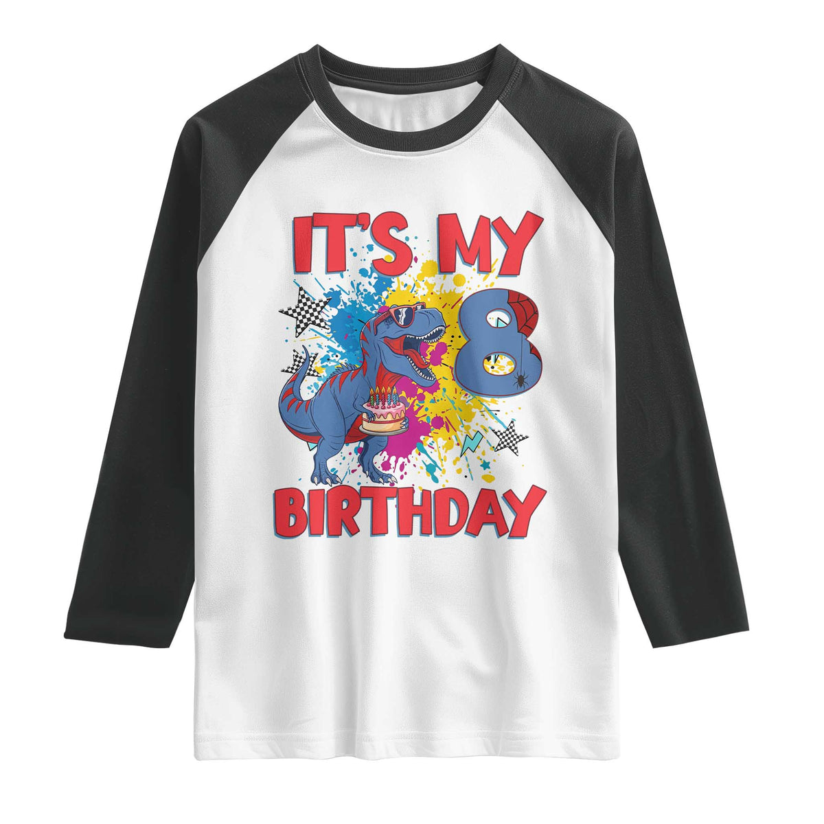Dino Spider Its My 8th Birthday Raglan Shirt Dinosaur Gift For Boys TS12 White Black Print Your Wear