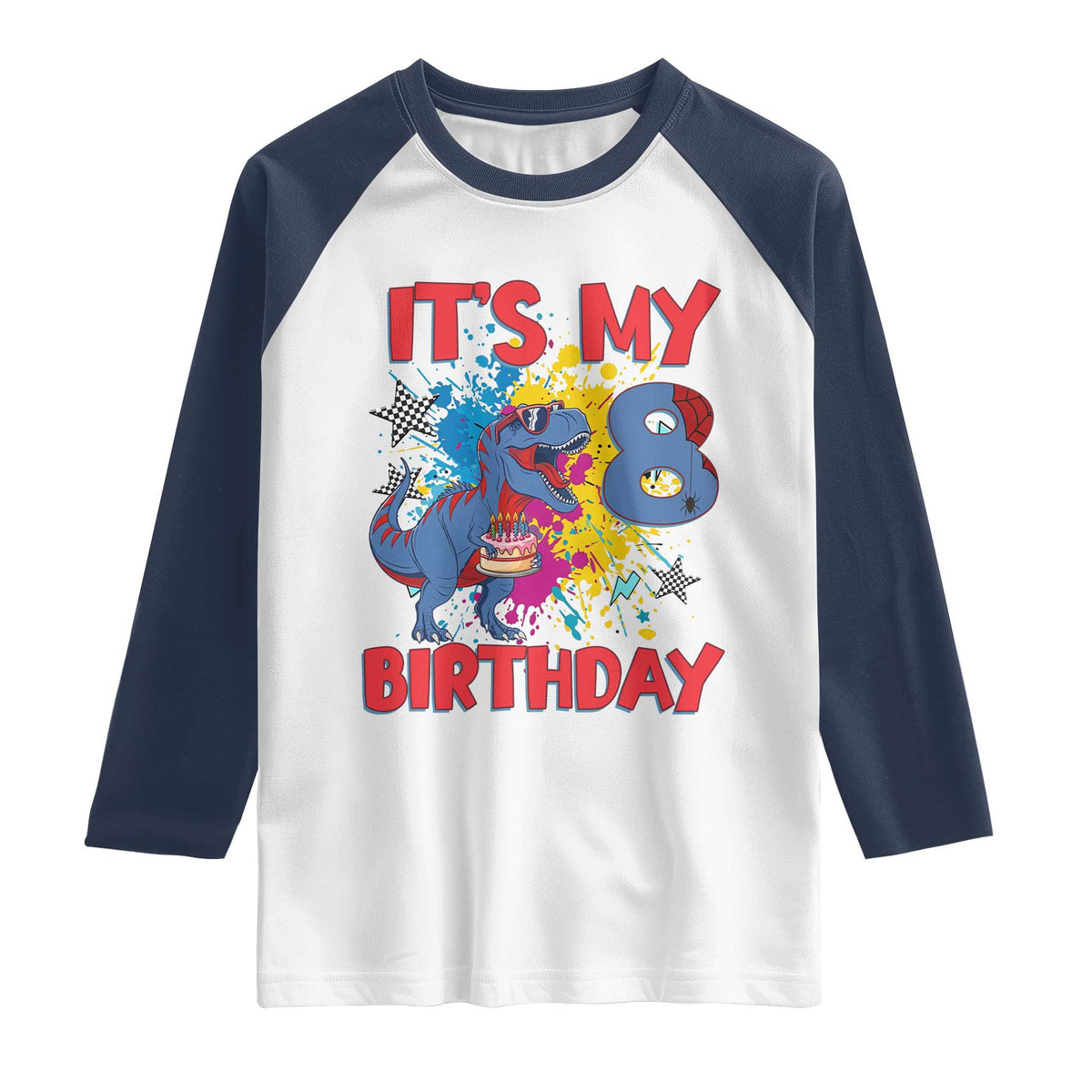 Dino Spider Its My 8th Birthday Raglan Shirt Dinosaur Gift For Boys TS12 White Navy Print Your Wear