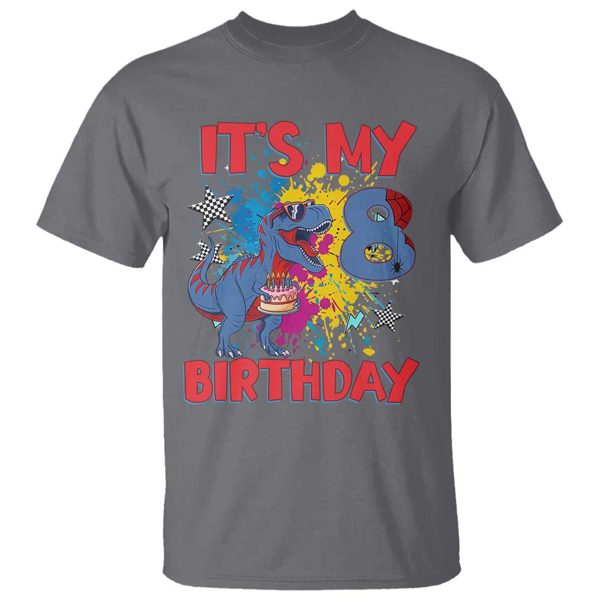 Dino Spider Its My 8th Birthday T Shirt Dinosaur Gift For Boys TS12 Charcoal Print Your Wear