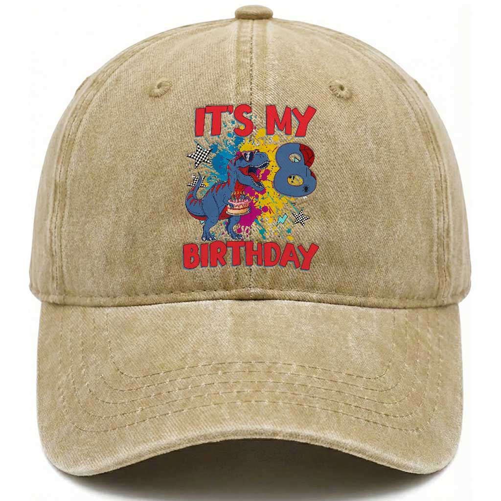 Dino Spider Its My 8th Birthday Washed Cotton Baseball Cap Dinosaur Gift For Boys TS12 Print Your Wear