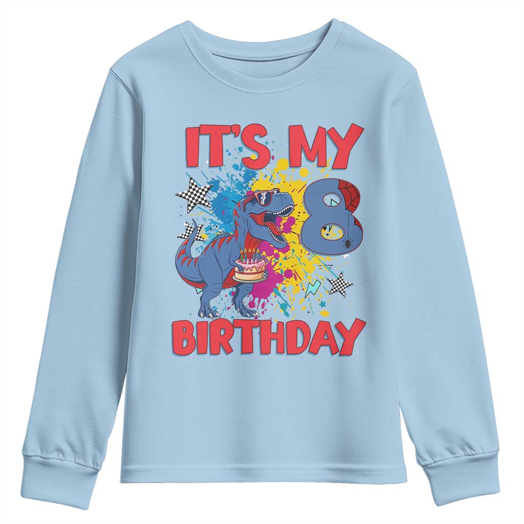 Dino Spider Its My 8th Birthday Youth Sweatshirt Dinosaur Gift For Boys TS12 Light Blue Print Your Wear