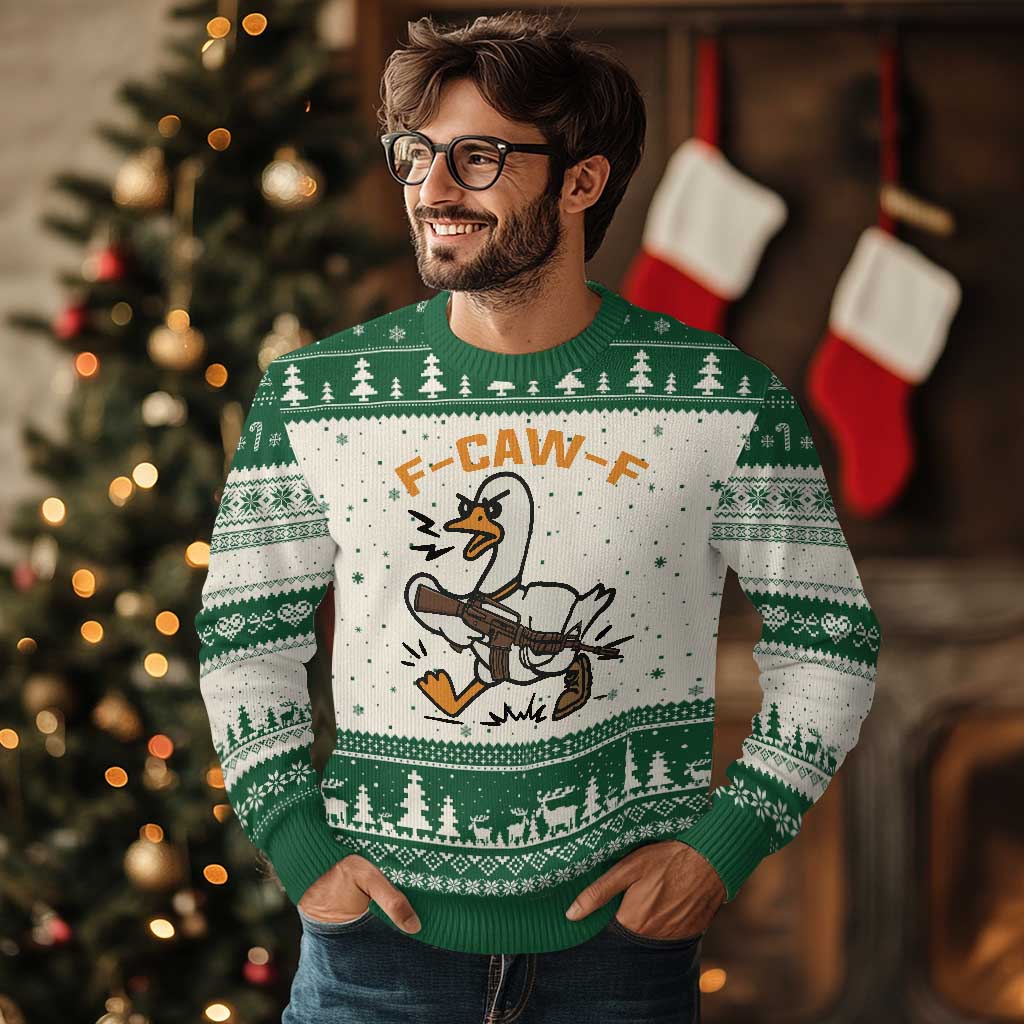 F Caw F Goose With Gun Ugly Christmas Sweater Funny Rebellious Gift TS12 Beige Green Print Your Wear