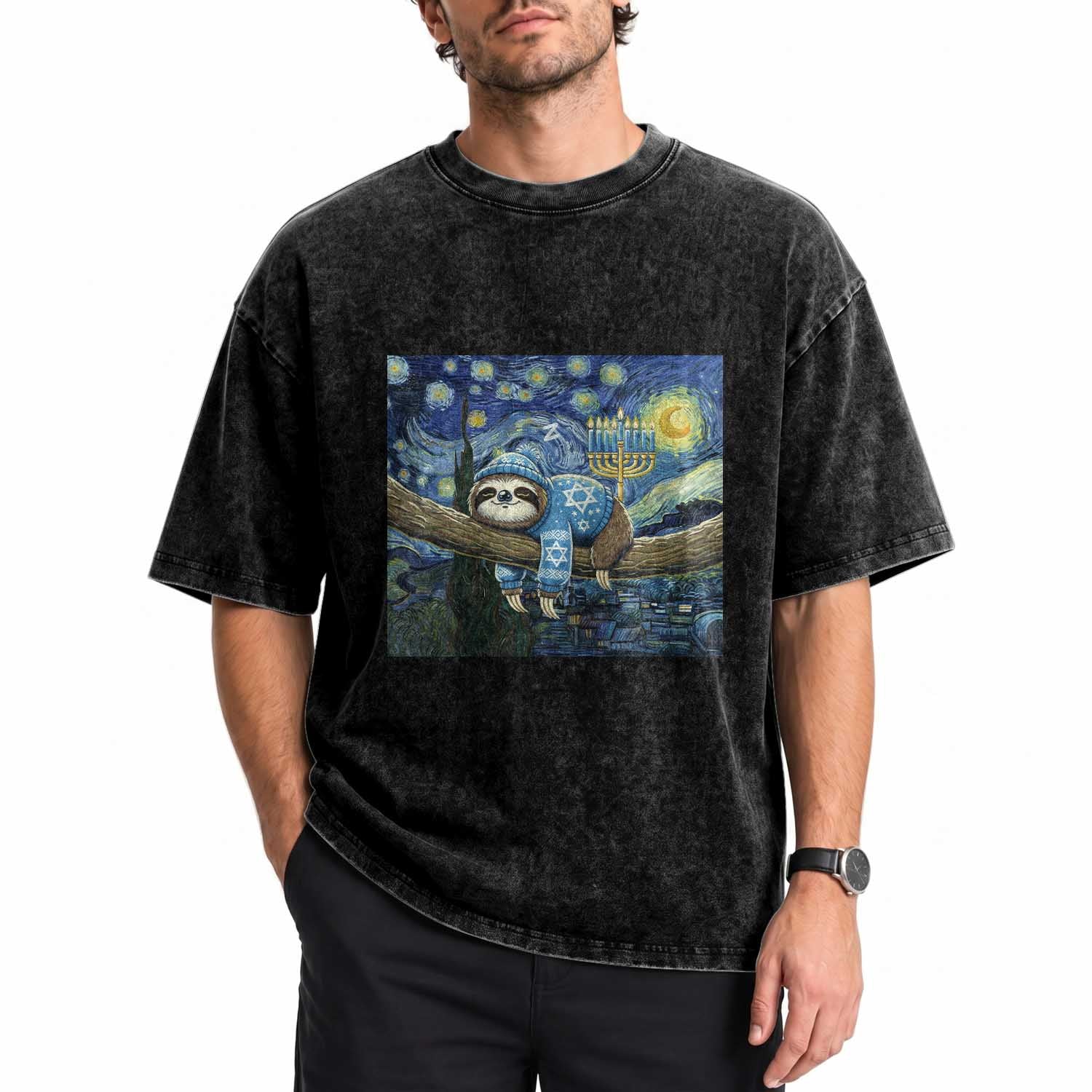 Funny Hanukkah Sloth Washed Cotton T-Shirt Van Gogh Starry Night Jewish Gift