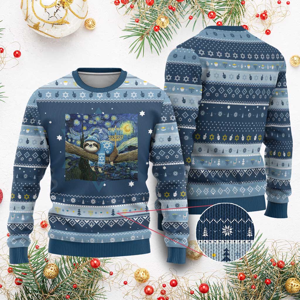 Funny Sloth Hanukkah Ugly Sweater Van Gogh Starry Night Jewish Gift TS12 Navy Light Blue Print Your Wear