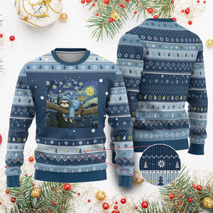 Funny Sloth Hanukkah Ugly Sweater Van Gogh Starry Night Jewish Gift TS12 Navy Light Blue Print Your Wear