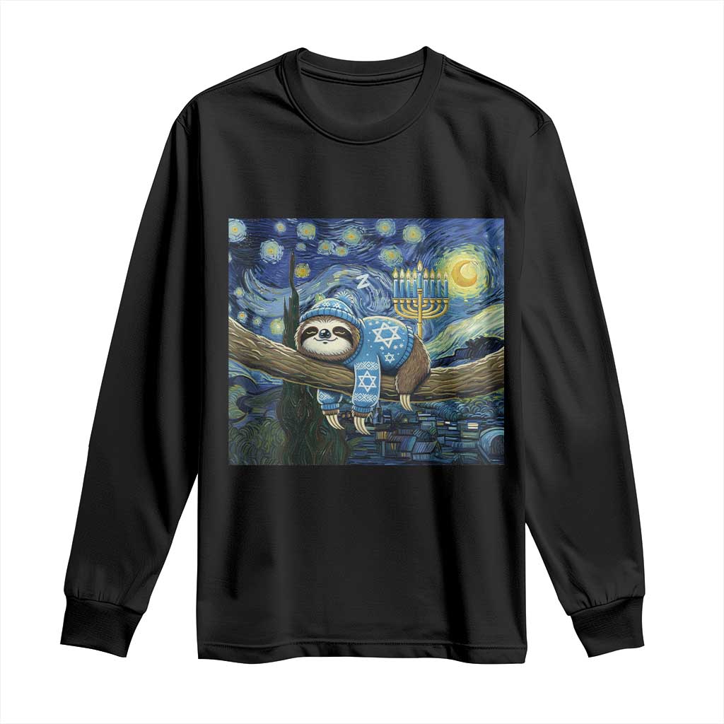 Funny Hanukkah Sloth Long Sleeve Shirt Van Gogh Starry Night Jewish Gift TS12 Black Print Your Wear