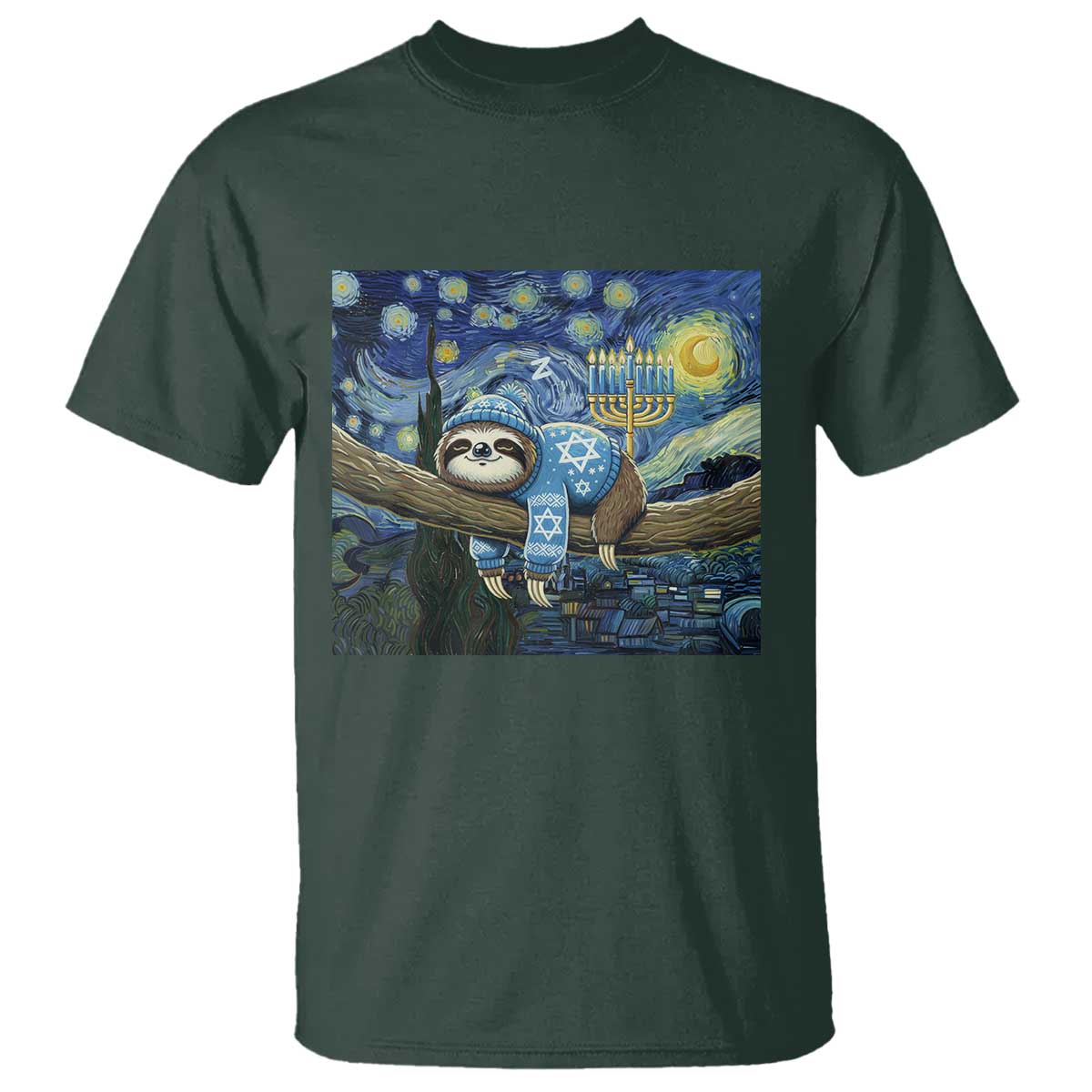Funny Hanukkah Sloth T Shirt Van Gogh Starry Night Jewish Gift TS12 Dark Forest Green Print Your Wear