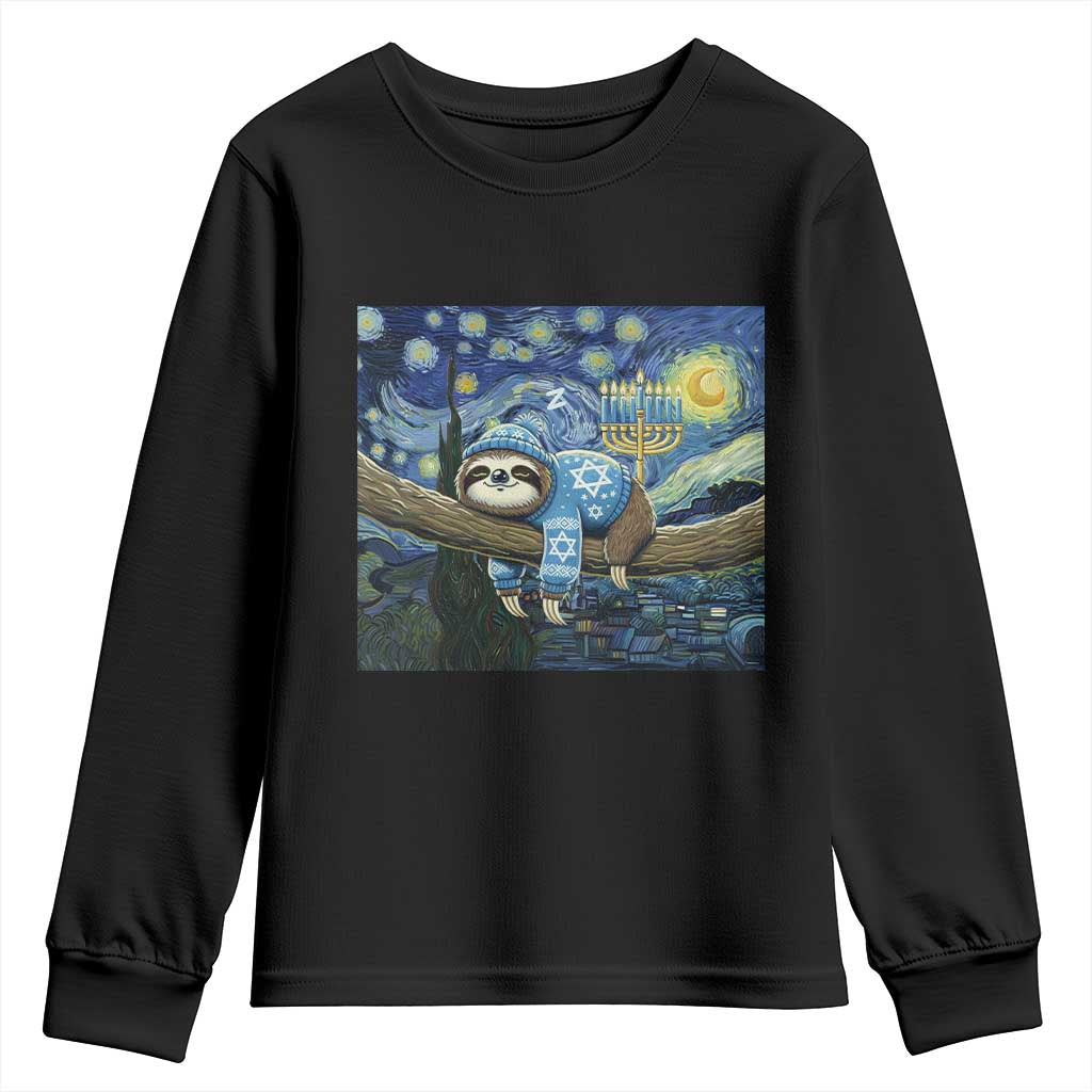 Funny Hanukkah Sloth Youth Sweatshirt Van Gogh Starry Night Jewish Gift TS12 Black Print Your Wear