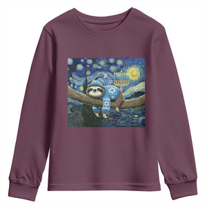 Funny Hanukkah Sloth Youth Sweatshirt Van Gogh Starry Night Jewish Gift TS12 Maroon Print Your Wear