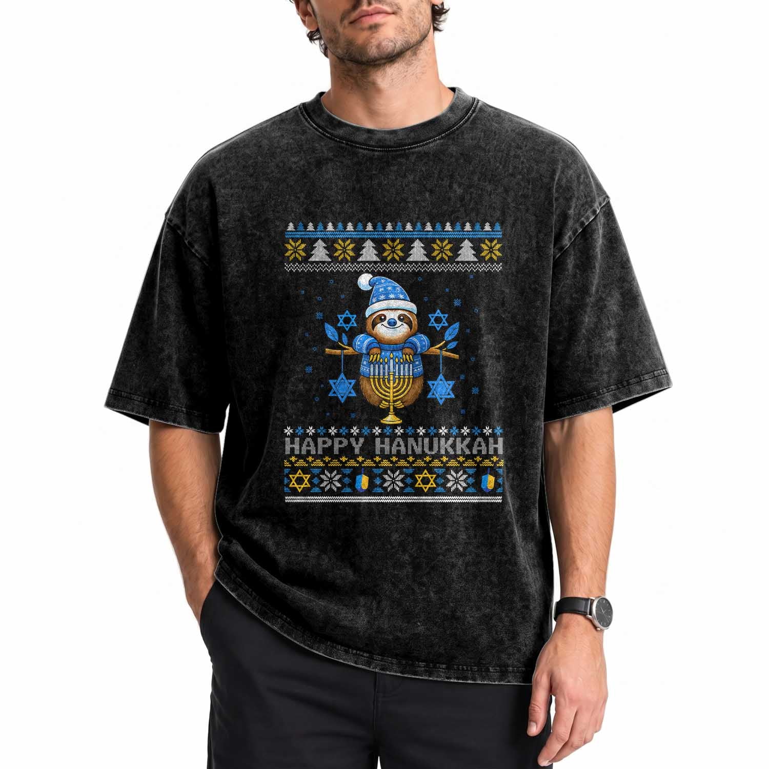 Happy Hanukkah Ugly Sweater Washed Cotton T-Shirt Funny Sloth Carrying Menorah Jewish Gift