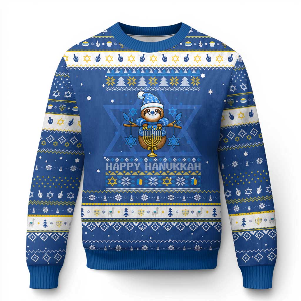 Happy Chanukkah Ugly Sweater Hanukkah Ugly Sweater Funny Sloth Carrying Menorah Jewish Gift TS12 Blue White Print Your Wear