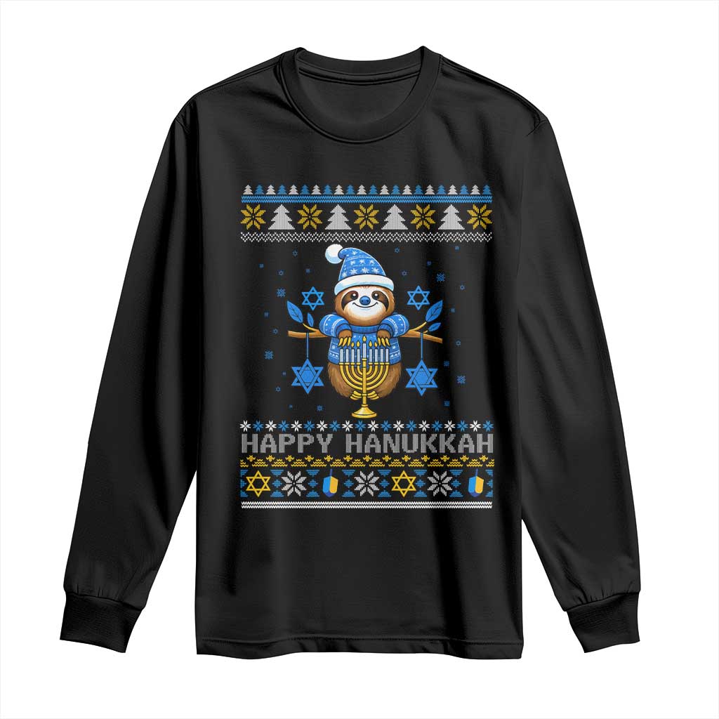 Happy Hanukkah Ugly Sweater Long Sleeve Shirt Funny Sloth Carrying Menorah Jewish Gift TS12 Black Print Your Wear