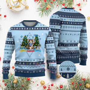Happy Chrismukkah Hanukkah Ugly Sweater Funny Christmas Cat Lover Gift TS12 Light Blue Navy Print Your Wear