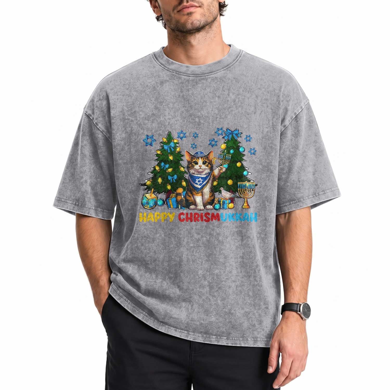 Happy Chrismukkah Washed Cotton T-Shirt Funny Christmas Hanukkah Cat Lover Gift