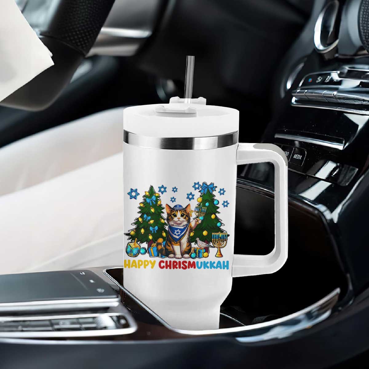 Happy Chrismukkah Tumbler With Handle Funny Christmas Hanukkah Cat Lover Gift TS12 Print Your Wear