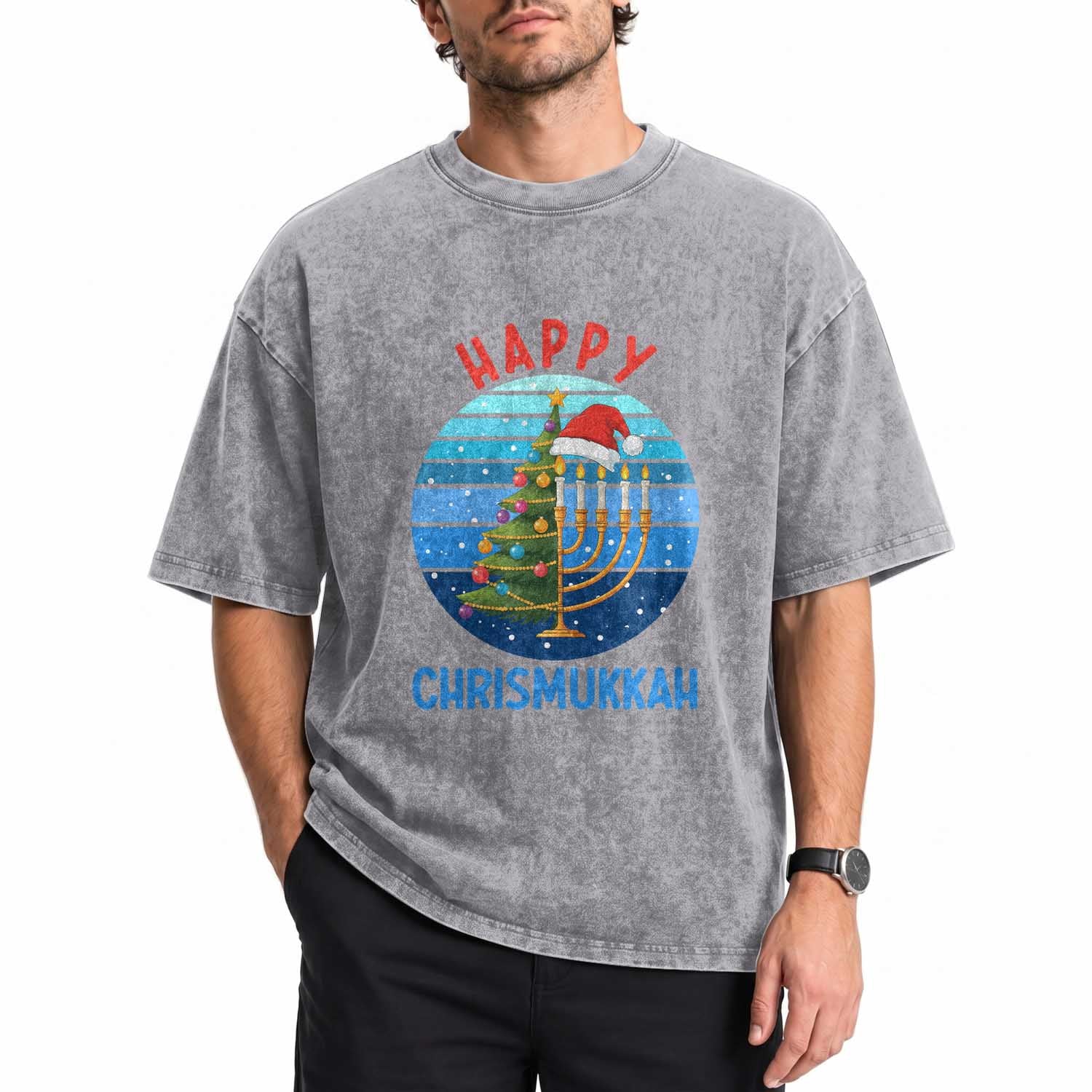 Happy Chrismukkah Washed Cotton T-Shirt Menorah Candle Christmas Tree Holiday Jewish Gift