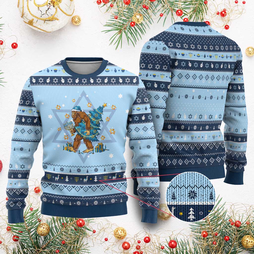 Funny Bigfoot Lover Jewish Holiday Gift Hanukkah Ugly Sweater TS12 Light Blue Navy Print Your Wear
