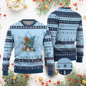 Funny Bigfoot Lover Jewish Holiday Gift Hanukkah Ugly Sweater TS12 Light Blue Navy Print Your Wear