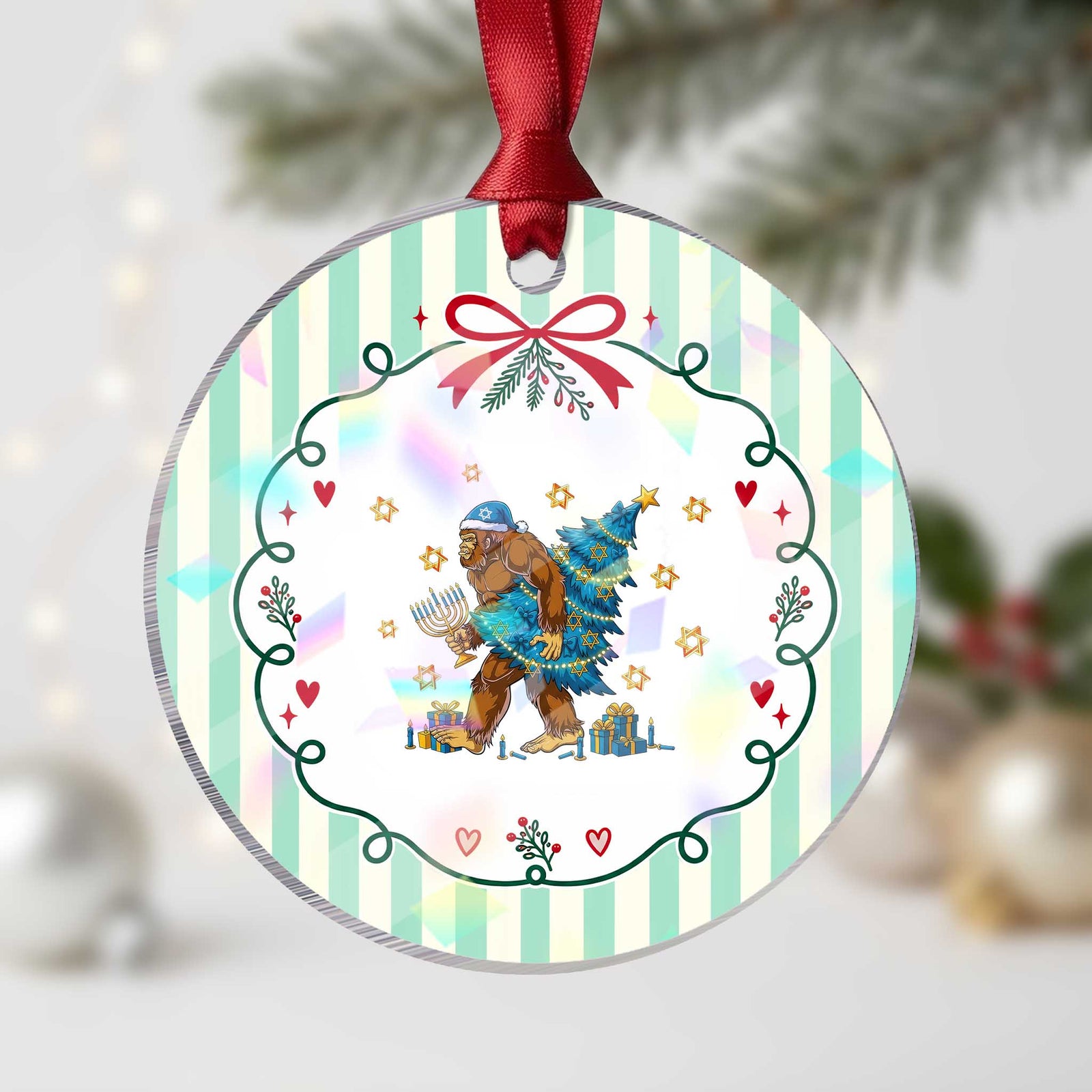 Funny Hanukkah Bigfoot Lover Jewish Holiday Gift Holographic Acrylic Ornament