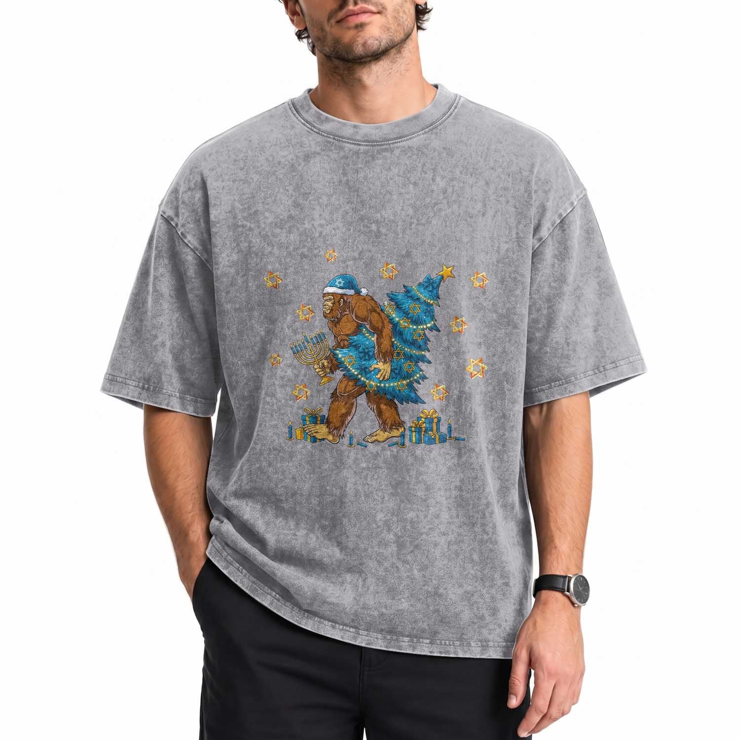 Funny Hanukkah Bigfoot Lover Jewish Holiday Gift Washed Cotton T-Shirt