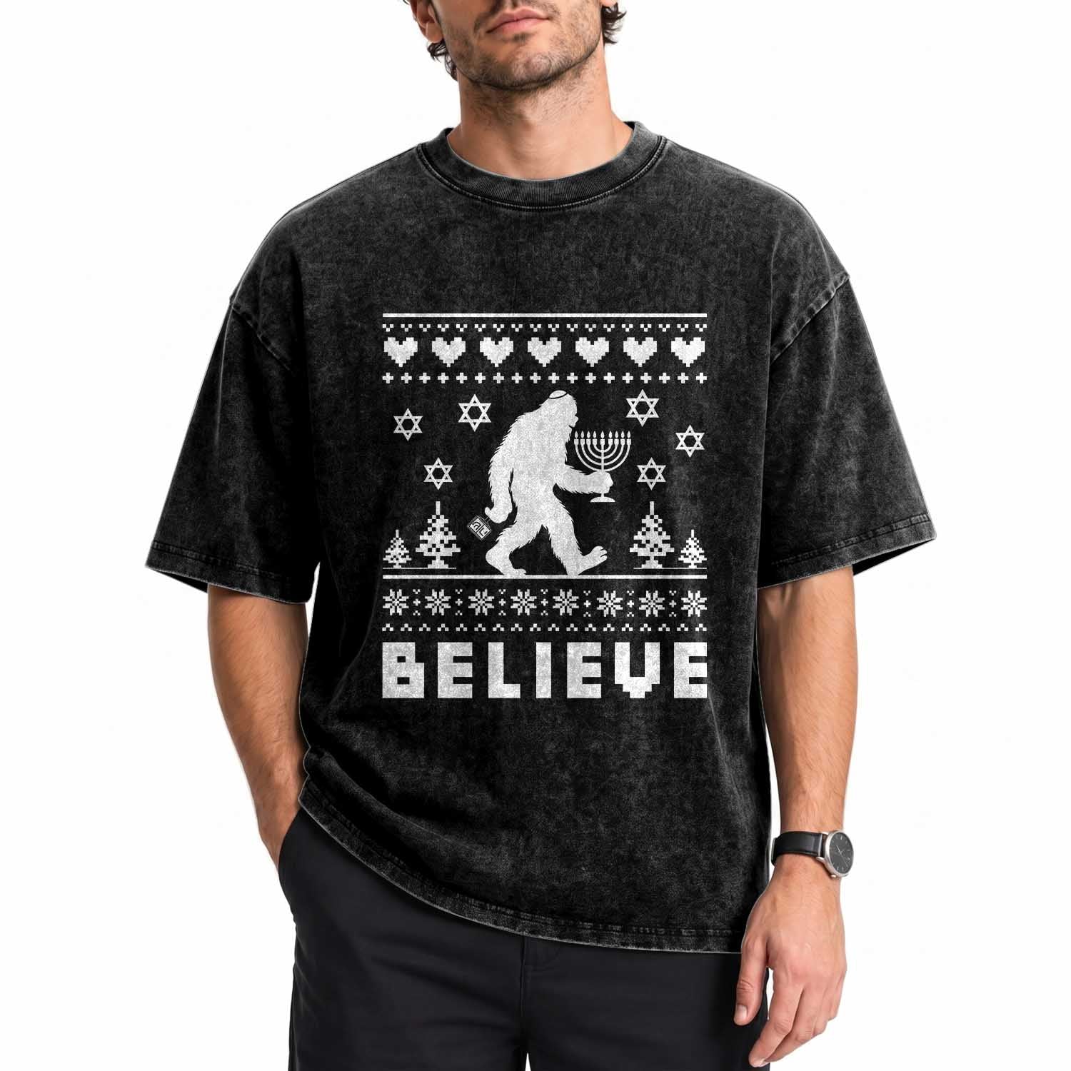 Funny Hanukkah Bigfoot Washed Cotton T-Shirt Believe Ugly Sweater Jewish Holiday Gift