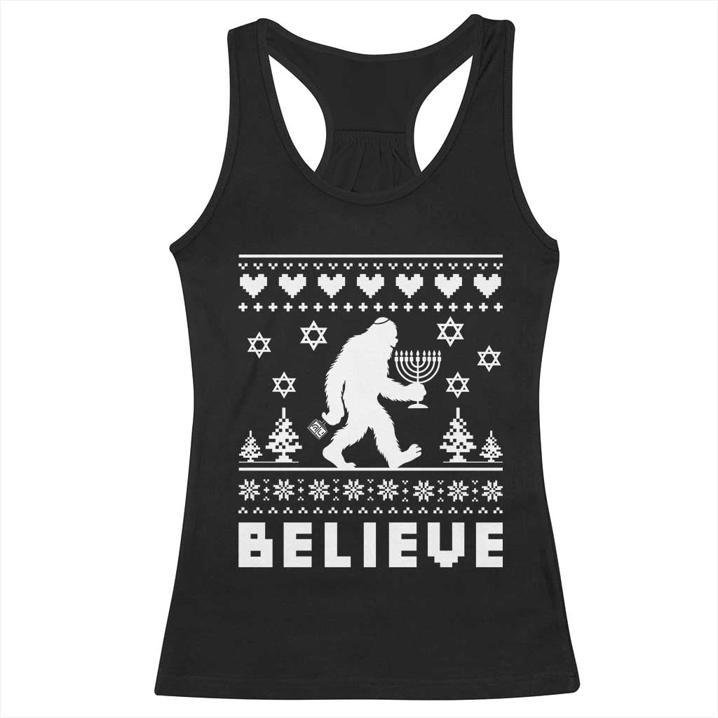 Funny Hanukkah Bigfoot Racerback Tank Top Believe Ugly Sweater Jewish Holiday Gift TS12 Black Print Your Wear