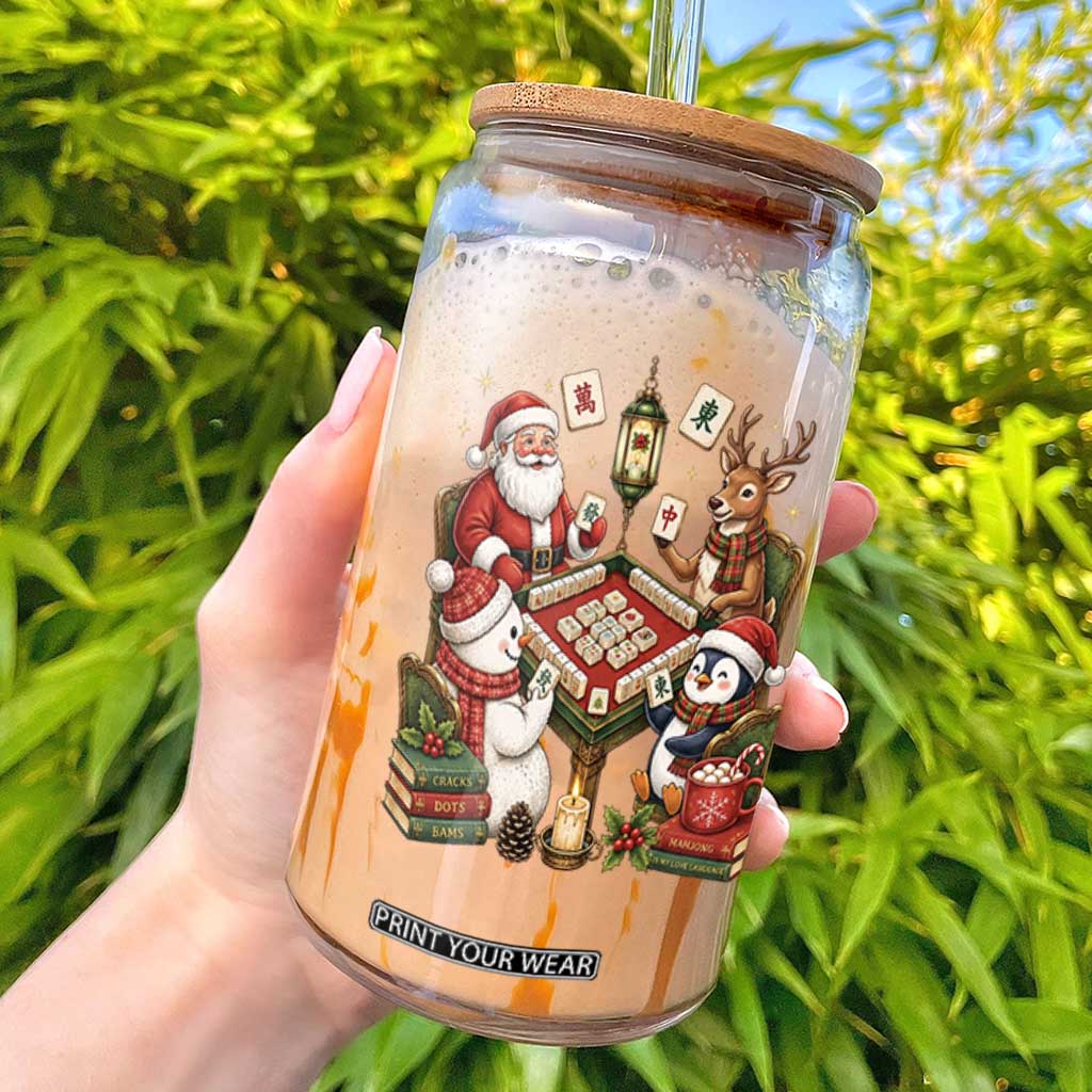 Funny Christmas Mahjong Glass Can Santa Reindeer Holiday Game Night Tile Gift