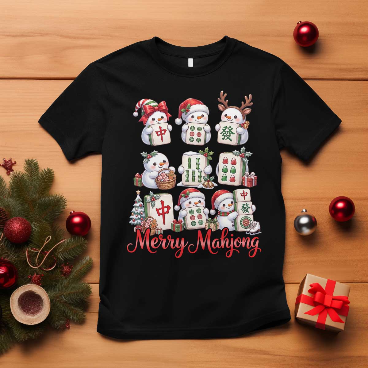 Funny Christmas Snowman T Shirt Merry Mahjong Cute Holiday Tiles Game