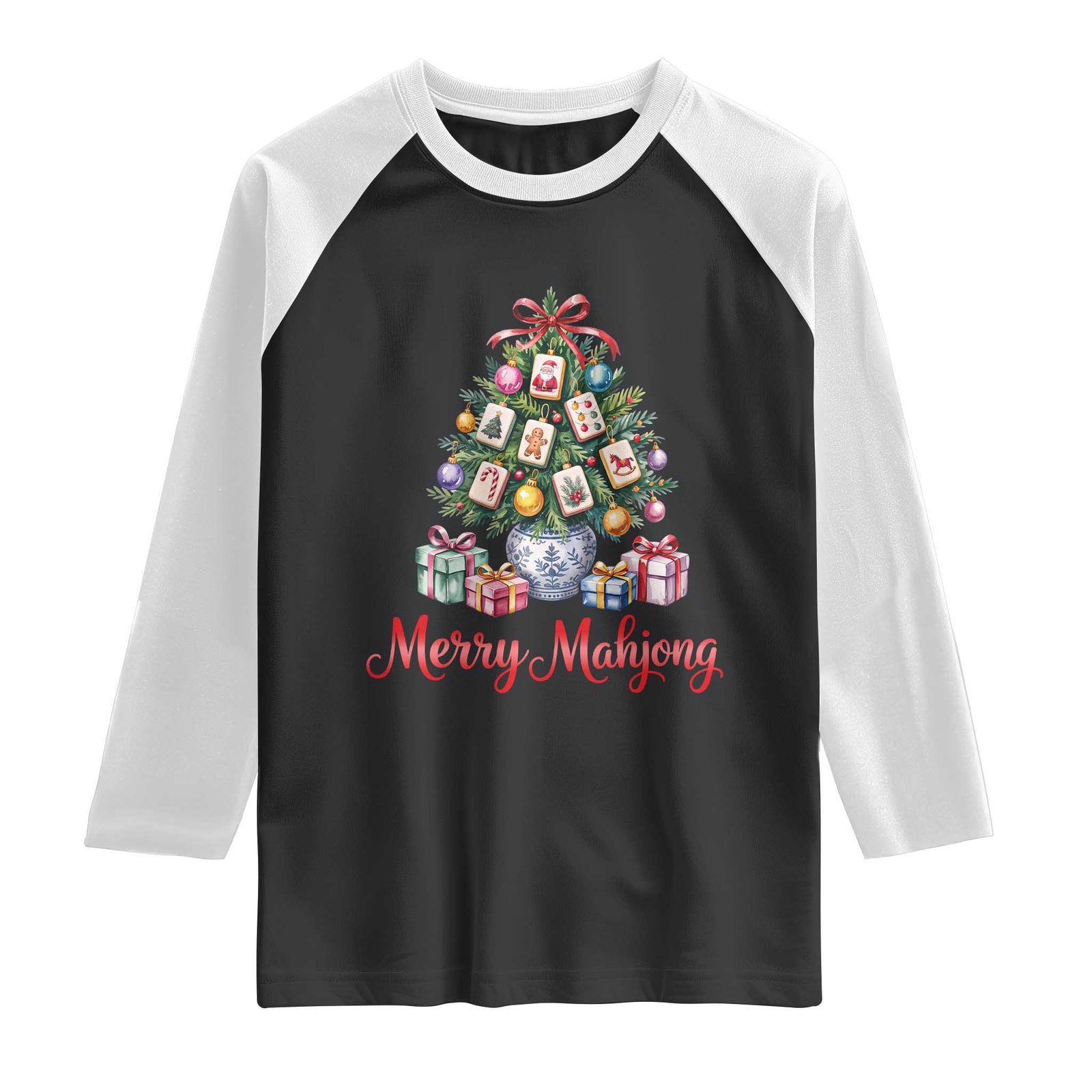 Funny Christmas Tree Mahjong Raglan Shirt Merry Mahjong Holiday Tiles Game