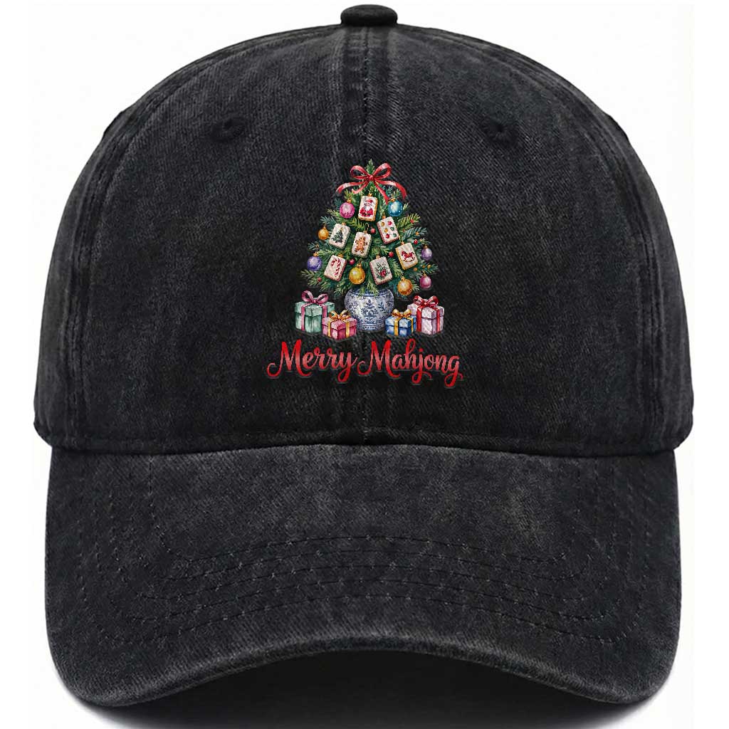 Funny Christmas Tree Mahjong Washed Cotton Baseball Cap Merry Mahjong Holiday Tiles Game