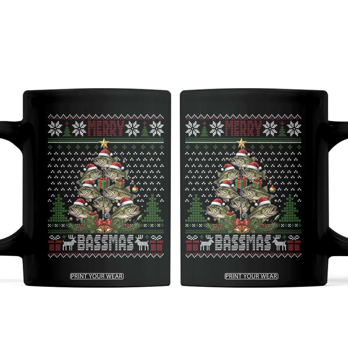 Funny Bass Fishing Christmas Coffee Mug Merry Bassmas Tree Holiday Gift