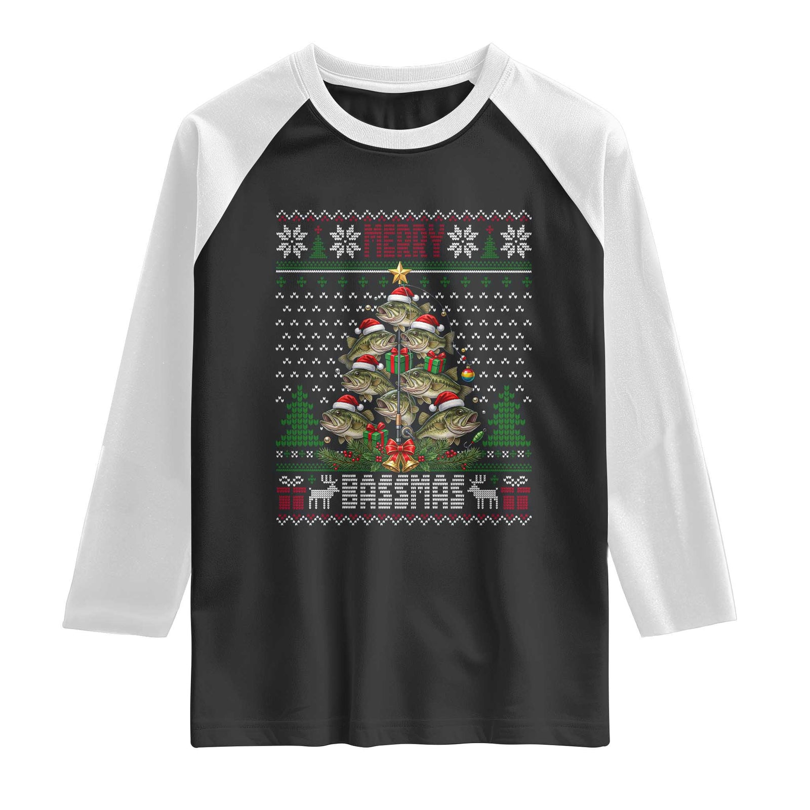 Funny Bass Fishing Christmas Raglan Shirt Merry Bassmas Tree Holiday Gift