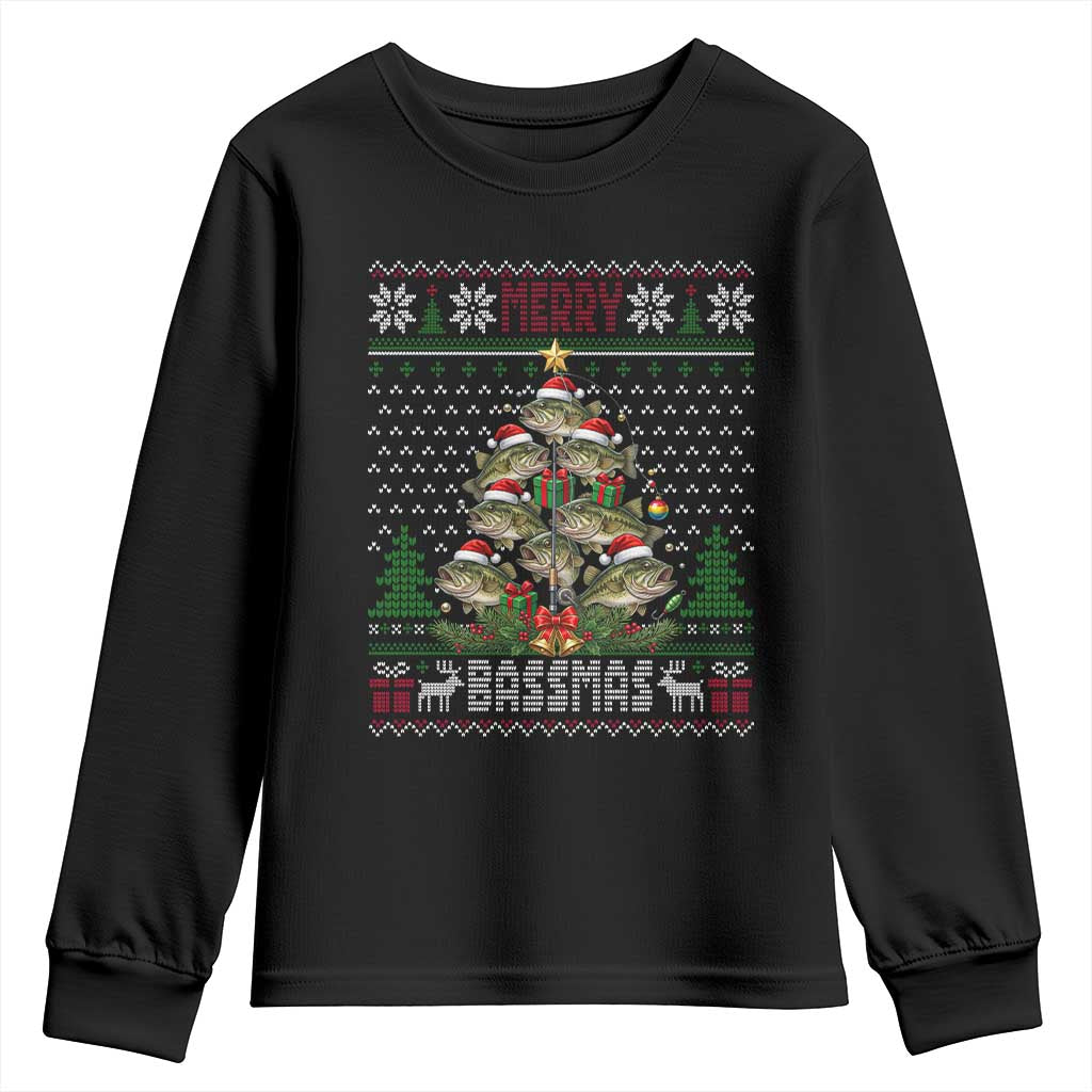 Funny Bass Fishing Christmas Youth Sweatshirt Merry Bassmas Tree Holiday Gift
