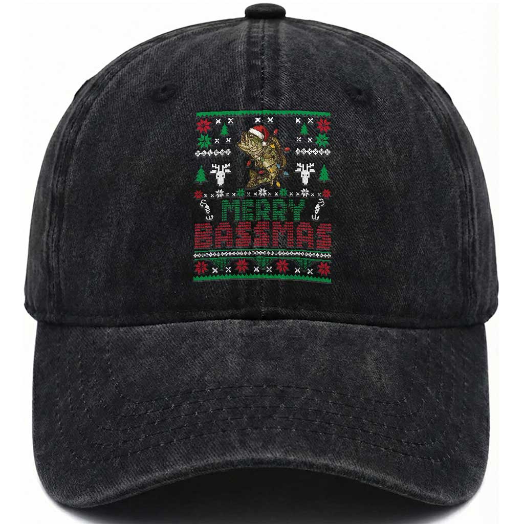 Bass Fishing Holiday Washed Cotton Baseball Cap Funny Merry Bassmas Christmas Gift