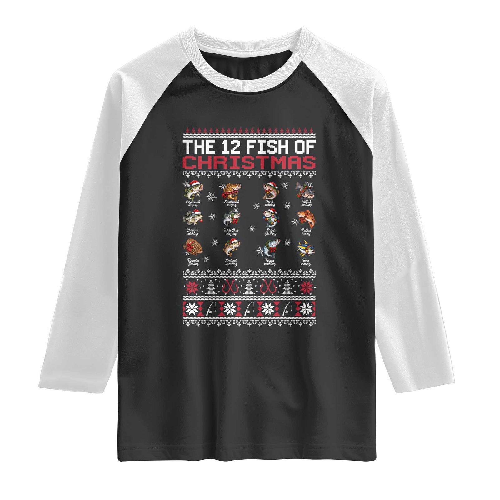 Funny Fishing Holiday Fisherman Gift Raglan Shirt The 12 Fish Of Christmas