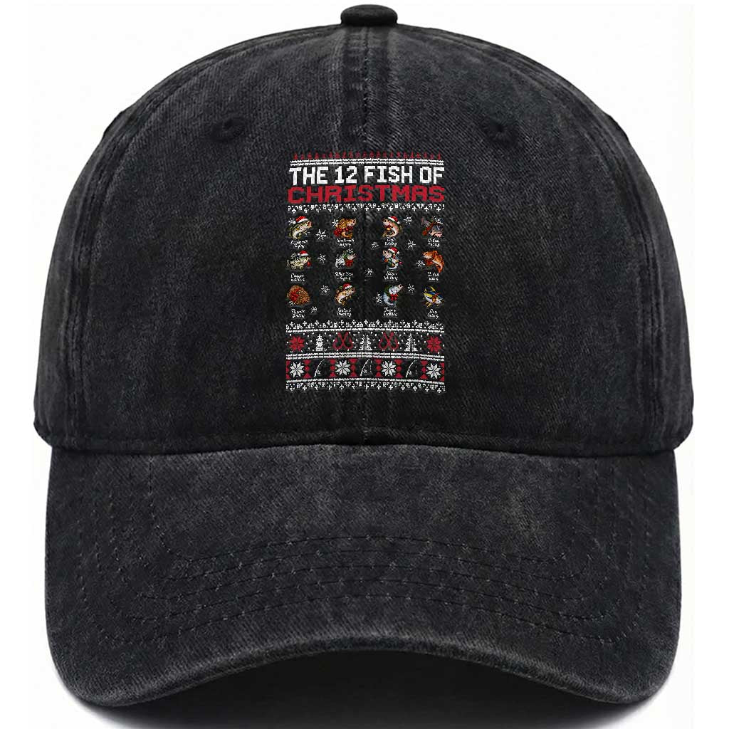 Funny Fishing Holiday Fisherman Gift Washed Cotton Baseball Cap The 12 Fish Of Christmas