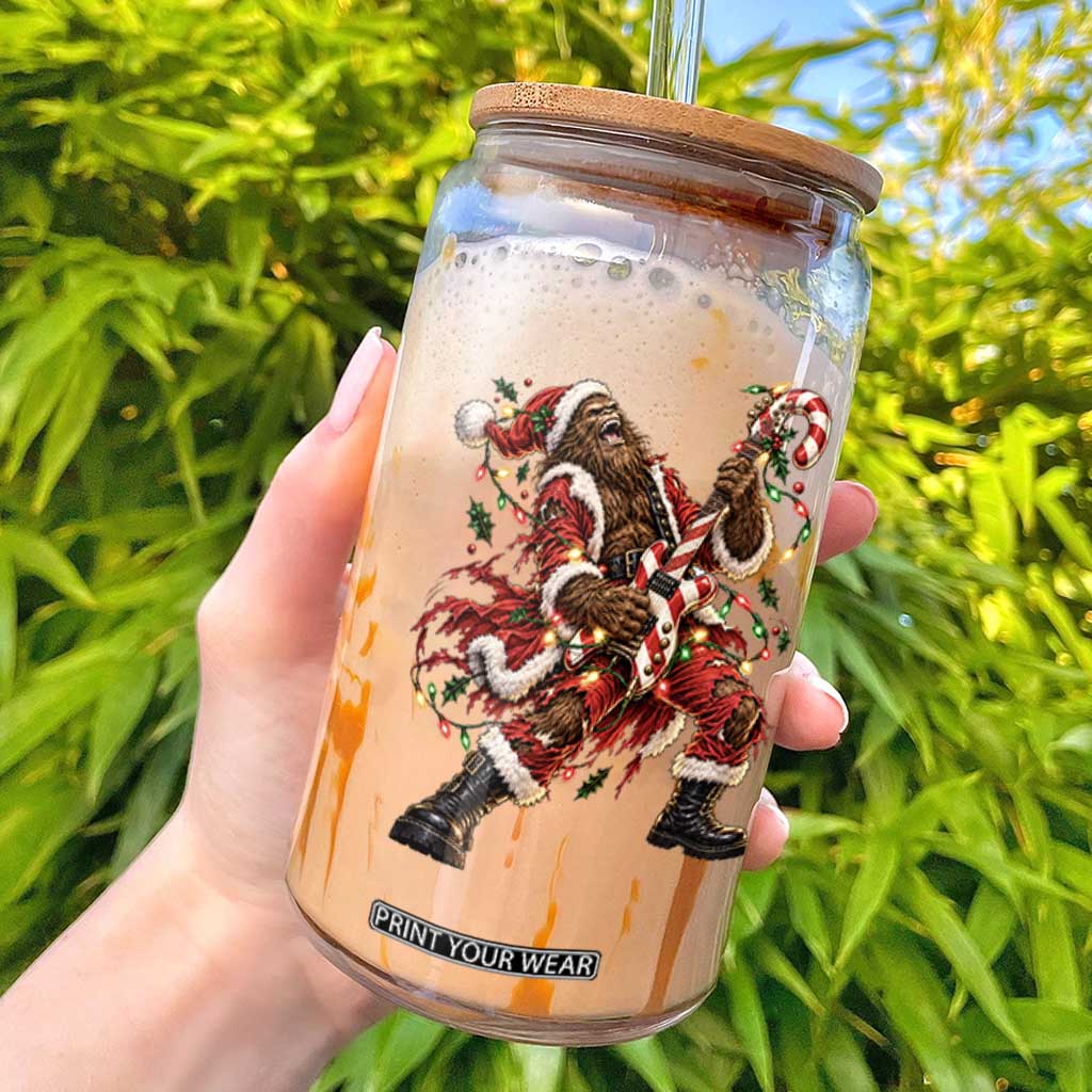 Funny Christmas Bigfoot Santa Glass Can Rocker Guitarist Rock Music Lover Gift
