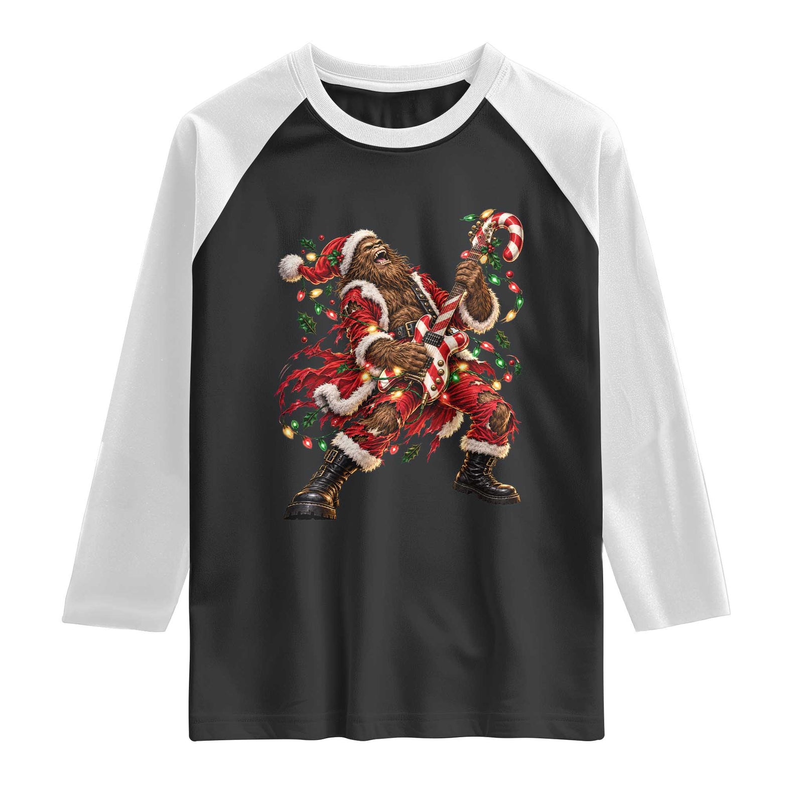 Funny Christmas Bigfoot Santa Raglan Shirt Rocker Guitarist Rock Music Lover Gift