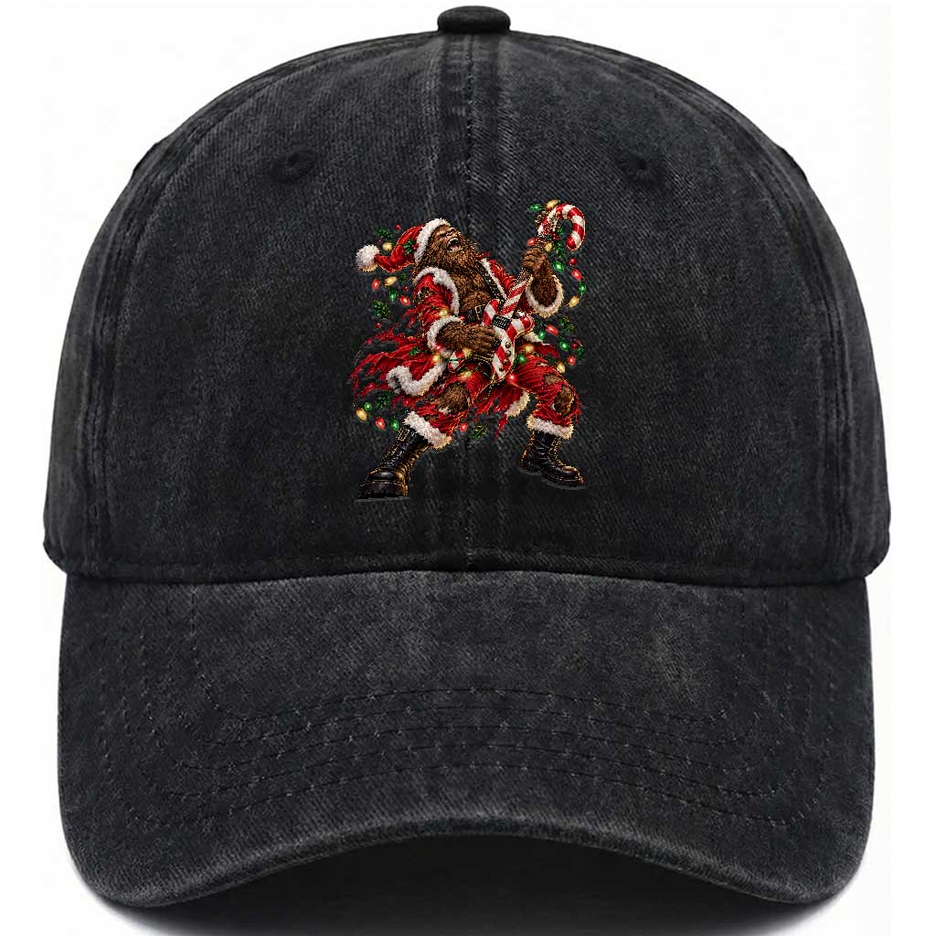 Funny Christmas Bigfoot Santa Washed Cotton Baseball Cap Rocker Guitarist Rock Music Lover Gift