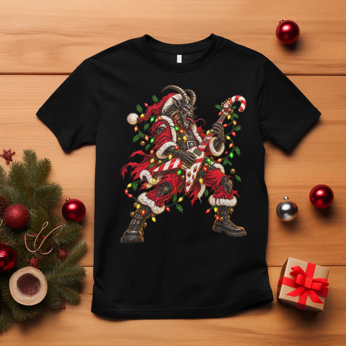 Funny Christmas Krampus T Shirt Rocker Guitarist Rock Music Lover Gift